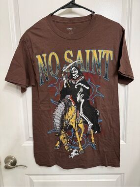Nova Men “No Saint” Grim Reaper Graphic Tee Brown Size Small Y2K Western Goth
